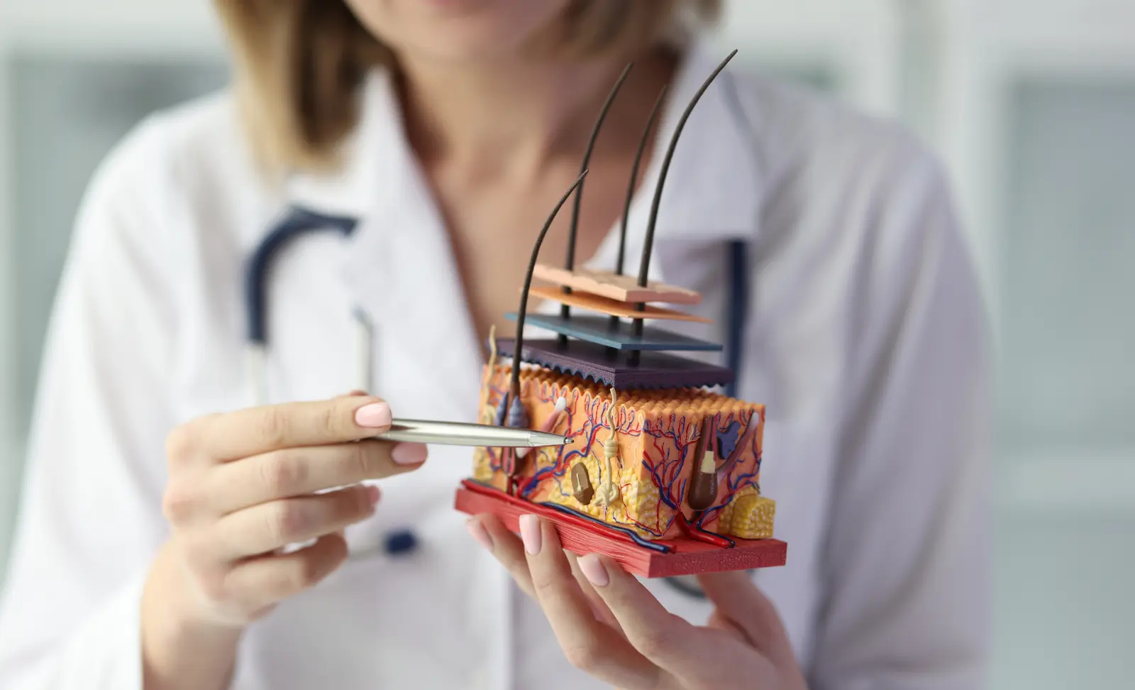 Female-dermatologist-holding-artificial-model-of-human-skin-with-hair